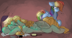 Size: 1560x828 | Tagged: safe, artist:ihasjessie-kat, rainbow dash, zephyr breeze, pegasus, pony, g4, ..., eye clipping through hair, eyes closed, female, floppy ears, hairbrush, ink, lamp, loose hair, male, onomatopoeia, prone, quill pen, ship:zephdash, shipping, sleeping, sound effects, straight, zephyrbetes, zzz