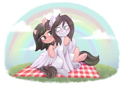 Size: 1280x885 | Tagged: safe, artist:djkaskan, artist:haruhi-il, oc, earth pony, pegasus, pony, cloud, duo, female, picnic blanket, ponified, rainbow, shipping, tongue out