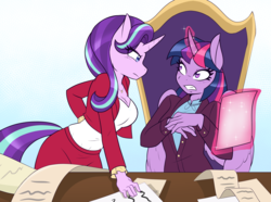Size: 1788x1332 | Tagged: dead source, safe, artist:ambris, starlight glimmer, twilight sparkle, alicorn, unicorn, anthro, g4, the beginning of the end, breasts, busty starlight glimmer, cleavage, clothes, female, glowing horn, magic, paper, scene interpretation, telekinesis, twilight sparkle (alicorn)