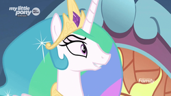Size: 1280x720 | Tagged: safe, screencap, princess celestia, alicorn, pony, g4, the beginning of the end, ethereal mane, evil grin, grin, smiling, smirk