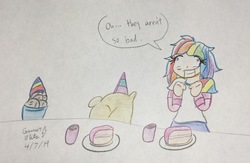 Size: 2362x1536 | Tagged: safe, artist:gmangamer25, rainbow dash, human, g4, party of one, cake, drink, flour, food, hat, humanized, party, party hat, personality swap, rainbowmena, rock, swap, traditional art, wat