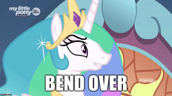 Size: 888x499 | Tagged: safe, edit, edited screencap, screencap, princess celestia, alicorn, pony, g4, the beginning of the end, bend over, caption, domlestia, female, image macro, text