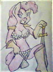 Size: 400x537 | Tagged: safe, artist:midday sun, pinkie pie, earth pony, anthro, g4, armor, breasts, chainmail bikini, cleavage, clothes, cosplay, costume, crossover, red shetland, red sonja, style emulation, sword, traditional art, unconvincing armor, weapon