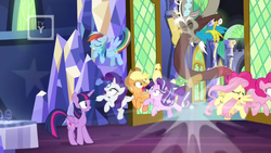 Size: 1366x768 | Tagged: safe, screencap, applejack, discord, fluttershy, pinkie pie, rainbow dash, rarity, starlight glimmer, twilight sparkle, alicorn, draconequus, earth pony, pegasus, pony, unicorn, g4, the beginning of the end, cowboy hat, door, female, flying, hat, male, mane six, mare, surprised, teleportation, throne room, tv rating, tv-y, twilight sparkle (alicorn), twilight's castle