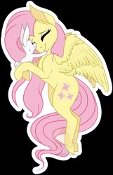 Size: 823x1280 | Tagged: safe, artist:grumpygriffcreation, part of a set, angel bunny, fluttershy, pegasus, pony, g4, black background, cute, duo, eyes closed, flying, hug, lightly watermarked, looking at each other, outline, shyabetes, simple background, watermark, white outline