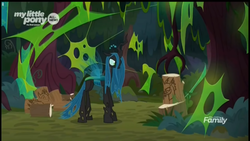 Size: 1366x768 | Tagged: safe, screencap, queen chrysalis, changeling, changeling queen, g4, the beginning of the end, female, forest, log, solo