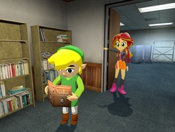 Size: 1024x768 | Tagged: safe, artist:aso-designer, sunset shimmer, human, hylian, equestria girls, g4, 3d, barely eqg related, book, crossover, gmod, library, link, nintendo, read, reading, the legend of zelda, toon link