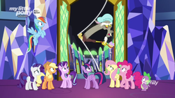 Size: 1366x768 | Tagged: safe, screencap, applejack, discord, fluttershy, pinkie pie, rainbow dash, rarity, spike, starlight glimmer, twilight sparkle, alicorn, dragon, pony, g4, the beginning of the end, brush, discovery family logo, distorted, distortion, door, hat, mane seven, mane six, shower cap, soap, twilight sparkle (alicorn), twilight's castle, winged spike, wings