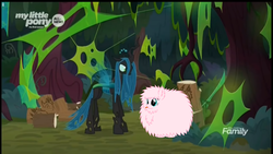 Size: 1366x768 | Tagged: safe, artist:floppychiptunes, edit, edited screencap, screencap, queen chrysalis, oc, oc:fluffle puff, changeling, changeling queen, earth pony, pony, g4, the beginning of the end, female, forest, log, tongue out, vector