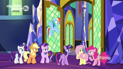 Size: 1366x768 | Tagged: safe, screencap, applejack, fluttershy, pinkie pie, rainbow dash, rarity, starlight glimmer, twilight sparkle, alicorn, pony, g4, the beginning of the end, discovery family logo, door, female, twilight sparkle (alicorn), twilight's castle