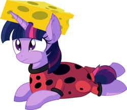 Size: 7156x6197 | Tagged: safe, artist:cyanlightning, twilight sparkle, alicorn, ladybug, pony, g4, .svg available, absurd resolution, animal costume, becoming what you fear, cheese, cheese hat, cheesehead, clothes, coccinellidaephobia, costume, cute, ear fluff, ear tufts, female, food, frown, hat, internal screaming, looking up, mare, packers fan, prone, sad, sadorable, scared, simple background, solo, they're just so cheesy, this will not end well, transparent background, turophobia, twiabetes, twilight hates ladybugs, vector, wat