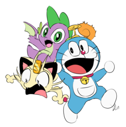 Size: 1000x1014 | Tagged: safe, artist:emositecc, spike, cat, dragon, meowth, g4, crossover, cute, doraemon, male, open mouth, pokémon, spikabetes, winged spike, wings