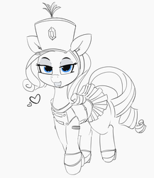 Size: 2749x3170 | Tagged: safe, artist:pabbley, rarity, pony, unicorn, g4, clothes, cute, female, hat, heart, high heels, high res, looking at you, mare, mary janes, monochrome, open mouth, partial color, pleated skirt, shoes, skirt, skirt lift, solo, uniform