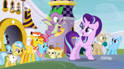Size: 1782x1000 | Tagged: safe, screencap, carrot cake, cup cake, doctor fauna, linky, mayor mare, pound cake, pumpkin cake, shoeshine, spike, starlight glimmer, dragon, earth pony, pegasus, pony, unicorn, g4, the beginning of the end, cake twins, canterlot, female, foal, male, mare, stallion, winged spike, wings