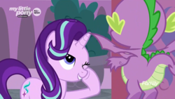 Size: 1782x1003 | Tagged: safe, screencap, spike, starlight glimmer, dragon, pony, unicorn, g4, the beginning of the end, claws, cutie mark, duo, faceless male, female, flying, male, mare, offscreen character, one eye closed, raised hoof, smiling, winged spike, wings, wink