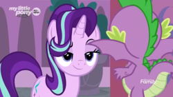 Size: 1781x1002 | Tagged: safe, screencap, spike, starlight glimmer, dragon, pony, unicorn, g4, the beginning of the end, baby, baby dragon, claws, duo, faceless male, female, flying, lidded eyes, male, mare, raised eyebrow, smug, smuglight glimmer, spread wings, winged spike, wings