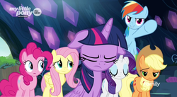Size: 1366x748 | Tagged: safe, screencap, applejack, fluttershy, pinkie pie, rainbow dash, rarity, twilight sparkle, alicorn, pony, g4, the beginning of the end, cave, discovery family logo, female, floppy ears, mane six, sad, twilight sparkle (alicorn)
