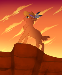 Size: 3600x4320 | Tagged: safe, artist:elkerae, little strongheart, bison, buffalo, pony, g4, chest fluff, cliff, cloud, eye clipping through hair, eyebrows, eyebrows visible through hair, female, indigenous, leg fluff, native american, profile, sky, solo, sunset