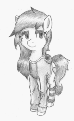 Size: 852x1390 | Tagged: safe, artist:spackle, oc, oc only, oc:ponepony, earth pony, pony, clothes, eyeshadow, female, hoodie, lidded eyes, makeup, mare, monochrome, smiling, socks, striped socks, traditional art