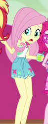 Size: 278x719 | Tagged: safe, screencap, fluttershy, pinkie pie, sunset shimmer, equestria girls, equestria girls specials, g4, my little pony equestria girls: better together, my little pony equestria girls: spring breakdown, clothes, cropped, drink, female, legs, offscreen character, shorts