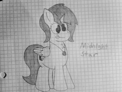 Size: 1600x1200 | Tagged: safe, artist:thebadbadger, oc, oc:midnight star, alicorn, pony, graph paper, grayscale, lined paper, monochrome, traditional art