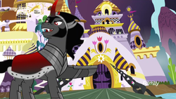 Size: 1366x768 | Tagged: safe, screencap, king sombra, pony, unicorn, g4, the beginning of the end, armor, bridge, canterlot, castle, conquest, curved horn, gate, guard, guards, horn, invasion, king, male, moat, order, pointing, portcullis, solo, stallion