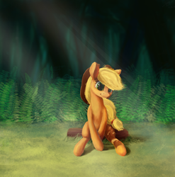 Size: 2000x2023 | Tagged: safe, artist:smg11-on-ddjrb, applejack, earth pony, pony, g4, crepuscular rays, cute, female, fern, forest, high res, jackabetes, log, mare, sitting, smiling, solo