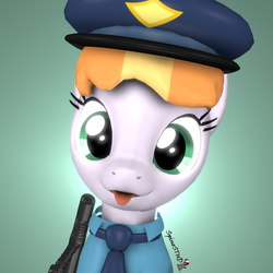 Size: 1080x1080 | Tagged: safe, artist:spinostud, copper top, pony, g4, 3d, :p, baton, female, hat, looking at you, mare, police, police officer, police pony, police uniform, silly, solo, source filmmaker, tongue out