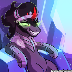 Size: 750x750 | Tagged: safe, artist:lumineko, king sombra, pony, unicorn, the beginning of the end, armor, curved horn, dark magic, evil grin, fangs, glowing eyes, grin, horn, long live the king, magic, male, scene interpretation, smiling, solo, sombra eyes, stallion, throne