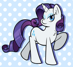 Size: 500x458 | Tagged: safe, artist:the-irken-moonwalker, rarity, pony, unicorn, g4, cute, female, light blue background, looking at you, mare, one eye closed, polka dots, raised hoof, raribetes, simple background, smiling, solo, wink
