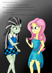 Size: 2894x4093 | Tagged: safe, artist:diaperednight, fluttershy, equestria girls, g4, my little pony equestria girls: better together, clothes, crossover, dress, equestria girls-ified, female, frankenstein, frankie stein, meeting, monster high, stitched body