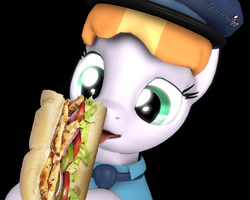 Size: 1350x1080 | Tagged: safe, artist:spinostud, copper top, pony, g4, 3d, clothes, female, food, hat, licking, mare, police, police officer, police pony, sandwich, solo, source filmmaker, tongue out