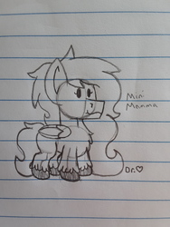 Size: 2576x1932 | Tagged: safe, artist:drheartdoodles, oc, oc only, oc:mamma heart, clydesdale, pony, chibi, female, grayscale, lined paper, long mane, long tail, milf, mini, monochrome, smiling, solo, traditional art