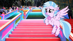 Size: 1920x1080 | Tagged: safe, artist:sonofaskywalker, edit, silverstream, hippogriff, human, g4, batu caves, colorful, cute, diastreamies, hindu, irl, irl human, malaysia, photo, photo edit, ponies in real life, solo focus, stairs, temple, that hippogriff sure does love stairs