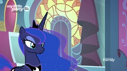 Size: 1920x1080 | Tagged: safe, screencap, princess luna, alicorn, pony, g4, the beginning of the end, beautiful, canterlot castle, discovery family logo, female, lidded eyes, mare, smiling, solo, stained glass, throne room
