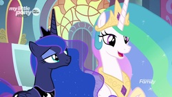 Size: 1920x1080 | Tagged: safe, screencap, princess celestia, princess luna, alicorn, pony, g4, the beginning of the end, cute, cutelestia, female, mare, royal sisters, sisters, smiling, throne, throne room