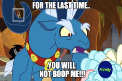 Size: 1170x778 | Tagged: safe, edit, edited screencap, screencap, cozy glow, grogar, lord tirek, pegasus, pony, sheep, g4, the beginning of the end, 2019, boop denied, caption, discovery family logo, evil lair, female, filly, grogar's lair, image macro, imminent boop, lair, male, meme, ram, solo focus, text, this will end in boops, tv rating, tv-y