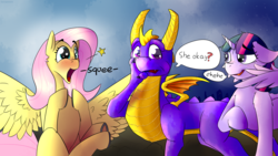 Size: 2560x1440 | Tagged: safe, artist:fuzzypones, fluttershy, twilight sparkle, alicorn, dragon, pony, g4, blushing, crossover, fangirling, female, male, mare, nervous laugh, open mouth, simple background, spyro the dragon, spyro the dragon (series), squee, text, trio, twilight sparkle (alicorn), underhoof