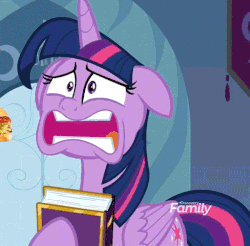 Size: 488x481 | Tagged: safe, edit, edited screencap, editor:zeppo, screencap, twilight sparkle, alicorn, pony, g4, the beginning of the end, animated, book, cropped, eating, female, floppy ears, food, friendship journal, gif, hyperventilating, panic, sandwich, solo, submarine sandwich, subway (restaurant), twilight sparkle (alicorn), twilighting