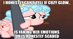 Size: 1314x698 | Tagged: safe, edit, edited screencap, screencap, cozy glow, lord tirek, centaur, pegasus, pony, g4, the beginning of the end, bow, caption, cloven hooves, duo, female, filly, hair bow, image macro, meme, speculation, text, wrong aspect ratio