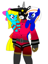 Size: 1500x2000 | Tagged: safe, oc, oc:cuteamena, oc:electric blue, oc:visionwing, pony, family, fem pyro, front view, happy, looking at each other, reupload, standing, team fortress 2