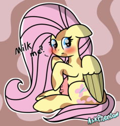 Size: 1023x1080 | Tagged: safe, artist:steamyart, fluttershy, cow, cow pony, pegasus, pony, g4, blushing, cowified, female, fluttercow, implied milking, looking at you, sitting, solo, species swap, udder, uddershy
