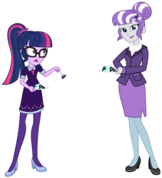 Size: 1896x2081 | Tagged: safe, artist:sketchmcreations, sci-twi, twilight sparkle, twilight velvet, equestria girls, equestria girls series, g4, twilight under the stars, spoiler:eqg series (season 2), cake, clothes, clothes swap, dress, duo, equestria girls-ified, female, food, hair bun, high heels, mother and child, mother and daughter, pantyhose, sci-twi outfits, shoes, side slit, simple background, skirt, tara strong, transparent background, vector, voice actor joke