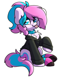 Size: 2075x2630 | Tagged: safe, artist:spoopygander, oc, oc only, oc:panda shade, earth pony, pony, buckle, chest fluff, clothes, collar, cute, cutie mark, female, high res, jumper, looking at you, mare, mlem, multicolored hair, raised hoof, silly, socks, solo, striped socks, tongue out
