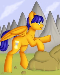 Size: 2314x2881 | Tagged: safe, artist:xcinnamon-twistx, oc, oc only, oc:crushingvictory, pegasus, pony, adventurous, cloud, high res, hoof pointing, mountain, rock, smiling, spread wings, wings