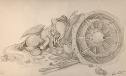 Size: 3895x2368 | Tagged: safe, artist:ignis, oc, oc only, pegasus, pony, clam, high res, jet engine, mechanic, pencil drawing, sleeping, traditional art