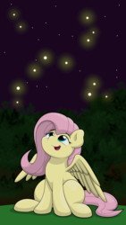 Size: 2250x4000 | Tagged: safe, artist:ljdamz1119, fluttershy, firefly (insect), pegasus, pony, g4, cute, female, looking at something, looking up, mare, night, shyabetes, sitting, smiling, solo, spread wings, three quarter view, wings