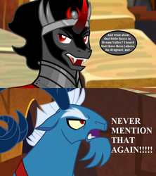 Size: 800x900 | Tagged: safe, edit, edited screencap, editor:korora, screencap, grogar, king sombra, g1, g4, my little pony 'n friends, the beginning of the end, the return of tambelon, angry, dialogue, five exclamation points, g1 to g4, generation leap, implied danny, implied megan, implied molly, implied spike (g1), speech bubble