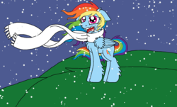 Size: 1280x774 | Tagged: safe, artist:rosefang16, rainbow dash, pegasus, pony, g4, chest fluff, clothes, crying, ear fluff, female, leg fluff, mare, open mouth, sad, scarf, snow, solo, story included, wing fluff