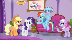 Size: 1280x720 | Tagged: safe, edit, edited screencap, editor:korora, screencap, applejack, lavender essence, rainbow dash, rarity, pony, applejack's "day" off, g4, applejack's hat, blatant lies, clipboard, clothes, couch, cowboy hat, dialogue, hat, ponyville spa, potted plant, slippers, spa pony, speech bubble, tank slippers